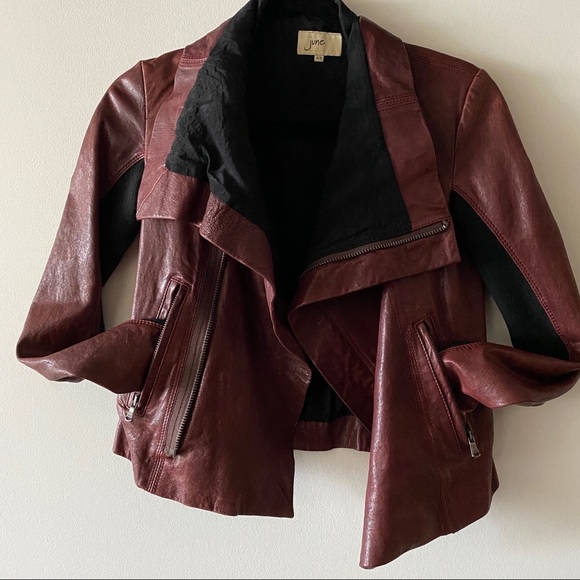 Stunning burgundy leather jacket made by June. Collar zips all the way up! - Picture 1 of 6